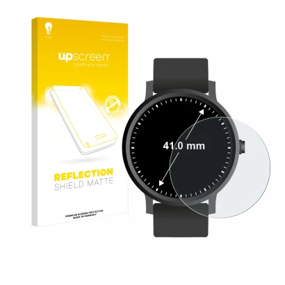 Face avant d’un emballage produit avec le logo de la marque upscreen. À côté, l’appareil Montres (Circulaire, ø: 41 mm) est re