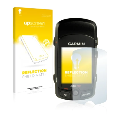 Face avant d’un emballage produit avec le logo de la marque upscreen. À côté, l’appareil Garmin Edge 705 est représenté avec l