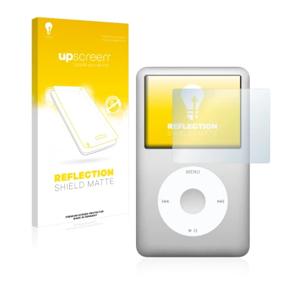 Face avant d’un emballage produit avec le logo de la marque upscreen. À côté, l’appareil Apple iPod classic 120 GB (7ème Gen.)