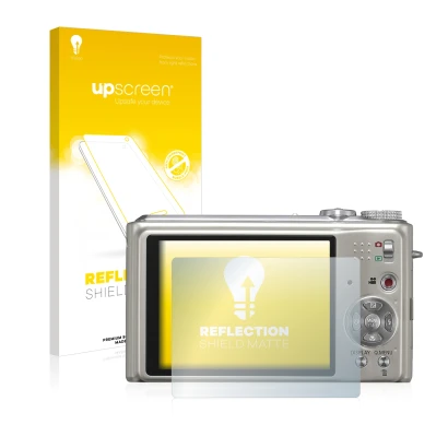 Face avant d’un emballage produit avec le logo de la marque upscreen. À côté, l’appareil Panasonic Lumix DMC-TZ7 est représent