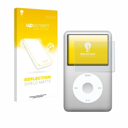 Face avant d’un emballage produit avec le logo de la marque upscreen. À côté, l’appareil Apple iPod classic 160 GB (7ème Gen.)
