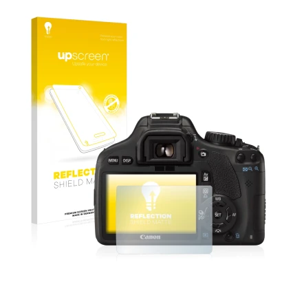 Face avant d’un emballage produit avec le logo de la marque upscreen. À côté, l’appareil Canon EOS 550D est représenté avec la