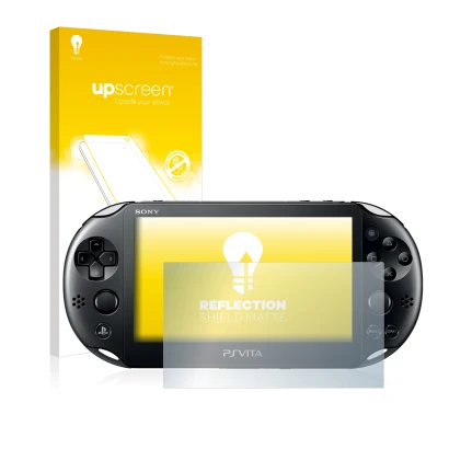 Face avant d’un emballage produit avec le logo de la marque upscreen. À côté, l’appareil Sony Playstation Vita est représenté