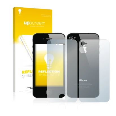 Face avant d’un emballage produit avec le logo de la marque upscreen. À côté, l’appareil Apple iPhone 4S (Avant+Arrière) est r