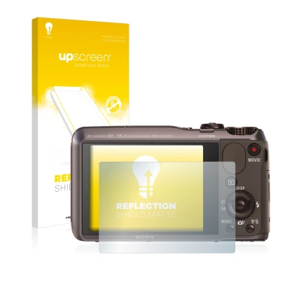 Face avant d’un emballage produit avec le logo de la marque upscreen. À côté, l’appareil Sony Cyber-Shot DSC-HX20V est représe