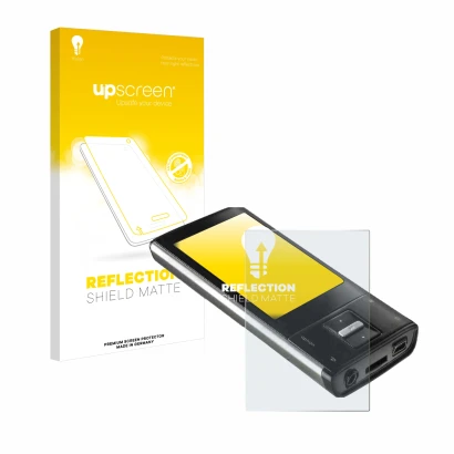 Face avant d’un emballage produit avec le logo de la marque upscreen. À côté, l’appareil Intenso Video Shooter 2,4" est représ