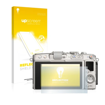 Face avant d’un emballage produit avec le logo de la marque upscreen. À côté, l’appareil Olympus PEN Lite E-PL5 est représenté