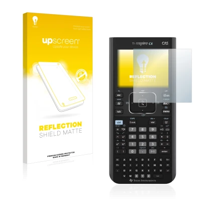 Face avant d’un emballage produit avec le logo de la marque upscreen. À côté, l’appareil Texas Instruments Nspire CX CAS est r