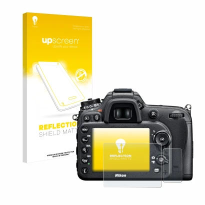 Face avant d’un emballage produit avec le logo de la marque upscreen. À côté, l’appareil Nikon D7100 est représenté avec la pr