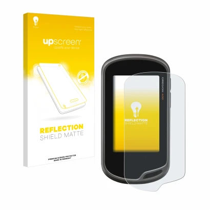 Face avant d’un emballage produit avec le logo de la marque upscreen. À côté, l’appareil Garmin Oregon 600 est représenté avec