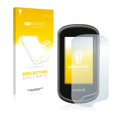 Face avant d’un emballage produit avec le logo de la marque upscreen. À côté, l’appareil Garmin Oregon 650t est représenté ave