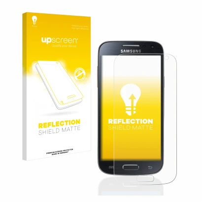 Face avant d’un emballage produit avec le logo de la marque upscreen. À côté, l’appareil Samsung Galaxy S4 Mini est représenté