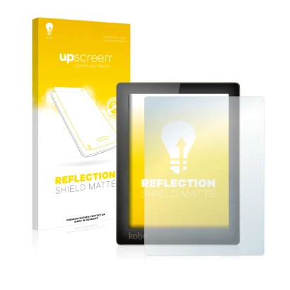 Face avant d’un emballage produit avec le logo de la marque upscreen. À côté, l’appareil Kobo Aura est représenté avec la prot