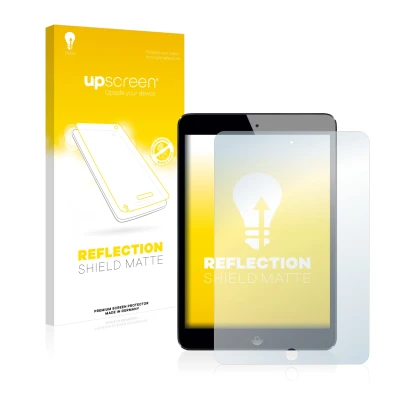Face avant d’un emballage produit avec le logo de la marque upscreen. À côté, l’appareil Apple iPad Mini 2 2013 est représenté