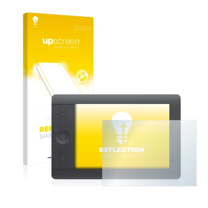 Face avant d’un emballage produit avec le logo de la marque upscreen. À côté, l’appareil Wacom Intuos Pro S est représenté ave