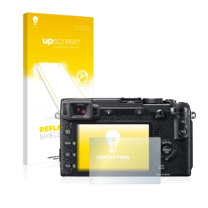 Face avant d’un emballage produit avec le logo de la marque upscreen. À côté, l’appareil Fujifilm X-E2 est représenté avec la 