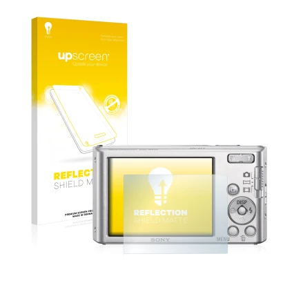 Face avant d’un emballage produit avec le logo de la marque upscreen. À côté, l’appareil Sony Cyber-Shot DSC-W830 est représen