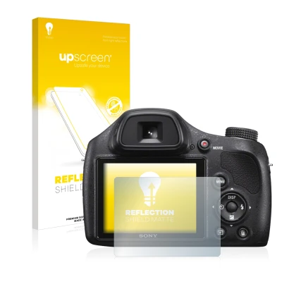 Face avant d’un emballage produit avec le logo de la marque upscreen. À côté, l’appareil Sony Cyber-Shot DSC-H400 est représen
