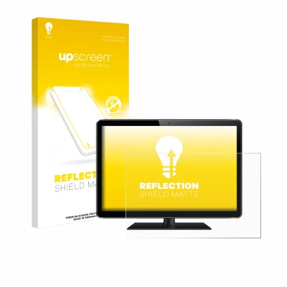 Face avant d’un emballage produit avec le logo de la marque upscreen. À côté, l’appareil est représenté avec la protection d’é