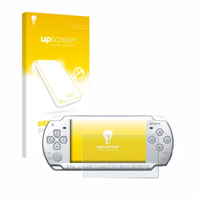 Face avant d’un emballage produit avec le logo de la marque upscreen. À côté, l’appareil Sony PSP 2004 est représenté avec la