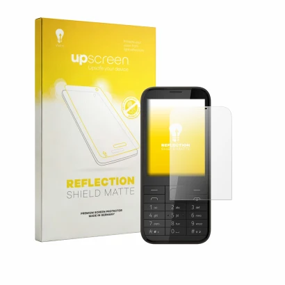 Face avant d’un emballage produit avec le logo de la marque upscreen. À côté, l’appareil Nokia 225 est représenté avec la prot