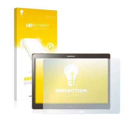 Face avant d’un emballage produit avec le logo de la marque upscreen. À côté, l’appareil Samsung Galaxy Tab S 10.5 SM-T800 est
