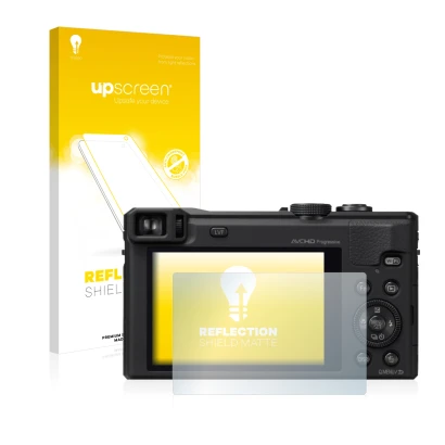 Face avant d’un emballage produit avec le logo de la marque upscreen. À côté, l’appareil Panasonic Lumix DMC-TZ60 est représen