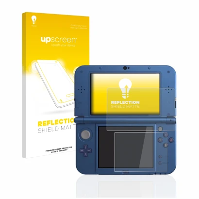 Face avant d’un emballage produit avec le logo de la marque upscreen. À côté, l’appareil Nintendo New 3DS XL est représenté av