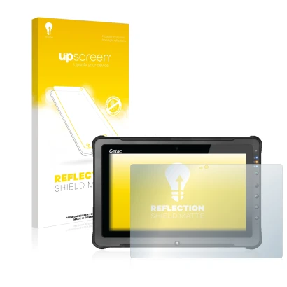 Face avant d’un emballage produit avec le logo de la marque upscreen. À côté, l’appareil Getac F110 G5 est représenté avec la