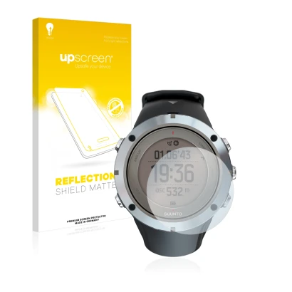 Face avant d’un emballage produit avec le logo de la marque upscreen. À côté, l’appareil Suunto Ambit3 Peak Sapphire est repré