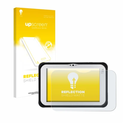 Face avant d’un emballage produit avec le logo de la marque upscreen. À côté, l’appareil Panasonic Toughpad FZ-M1 est représen