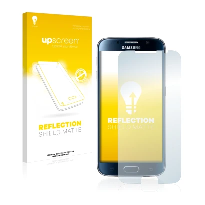 Face avant d’un emballage produit avec le logo de la marque upscreen. À côté, l’appareil Samsung Galaxy S6 est représenté avec