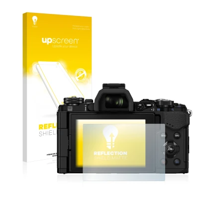 Face avant d’un emballage produit avec le logo de la marque upscreen. À côté, l’appareil Olympus OM-D E-M5 Mark II est représe