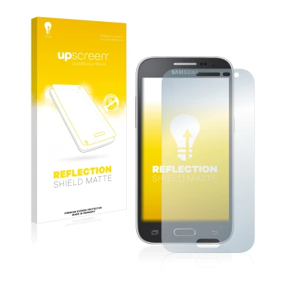 Face avant d’un emballage produit avec le logo de la marque upscreen. À côté, l’appareil Samsung Galaxy Core Prime G360 est re