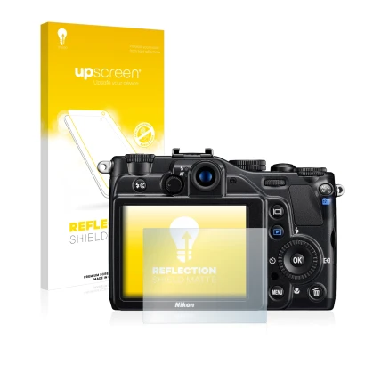 Face avant d’un emballage produit avec le logo de la marque upscreen. À côté, l’appareil Nikon Coolpix S7000 est représenté av