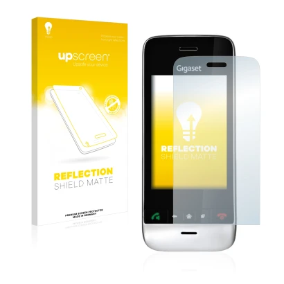 Face avant d’un emballage produit avec le logo de la marque upscreen. À côté, l’appareil Gigaset SL910 (découpe allongée) est