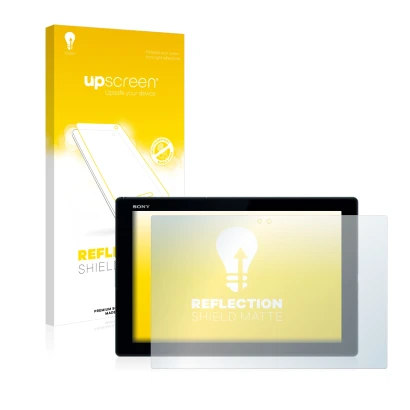 Face avant d’un emballage produit avec le logo de la marque upscreen. À côté, l’appareil Sony Xperia Z4 Tablet est représenté 