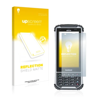 Face avant d’un emballage produit avec le logo de la marque upscreen. À côté, l’appareil Handheld Nautiz X8 est représenté ave