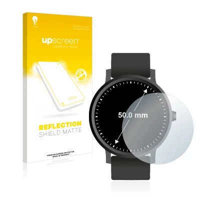 Face avant d’un emballage produit avec le logo de la marque upscreen. À côté, l’appareil Montres (Circulaire, ø: 50 mm) est re