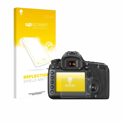 Face avant d’un emballage produit avec le logo de la marque upscreen. À côté, l’appareil Canon EOS 5DS R est représenté avec l