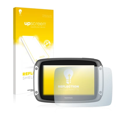 Face avant d’un emballage produit avec le logo de la marque upscreen. À côté, l’appareil TomTom Rider 400 est représenté avec 