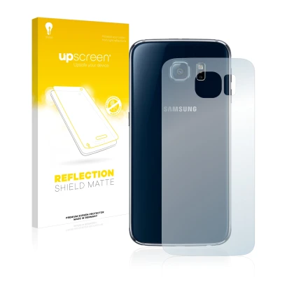 Face avant d’un emballage produit avec le logo de la marque upscreen. À côté, l’appareil Samsung SM-G920F (Arrière) est représ