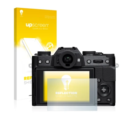Face avant d’un emballage produit avec le logo de la marque upscreen. À côté, l’appareil Fujifilm X-T10 est représenté avec la