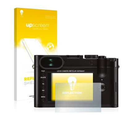 Face avant d’un emballage produit avec le logo de la marque upscreen. À côté, l’appareil Leica Q (Typ 116) est représenté avec