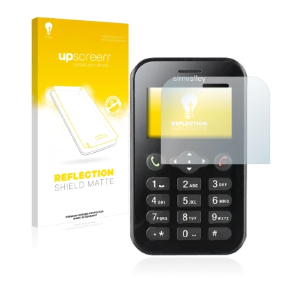 Face avant d’un emballage produit avec le logo de la marque upscreen. À côté, l’appareil Simvalley Mobile RX-484 Pico est repr