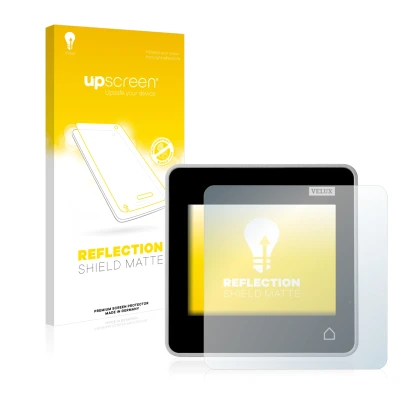 Face avant d’un emballage produit avec le logo de la marque upscreen. À côté, l’appareil Velux Integra Control Pad KLR 200 est