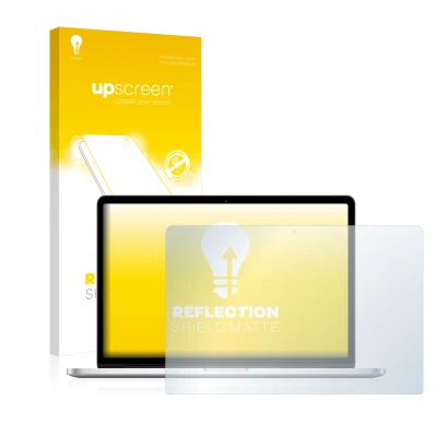 Face avant d’un emballage produit avec le logo de la marque upscreen. À côté, l’appareil Apple MacBook Pro Retina 15" 2015 est