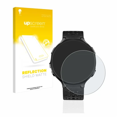 Face avant d’un emballage produit avec le logo de la marque upscreen. À côté, l’appareil Garmin Forerunner 235 est représenté