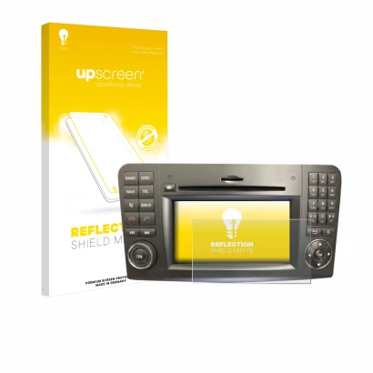 Face avant d’un emballage produit avec le logo de la marque upscreen. À côté, l’appareil Mercedes-Benz Comand APS 2.5 est repr