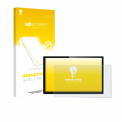 Face avant d’un emballage produit avec le logo de la marque upscreen. À côté, l’appareil est représenté avec la protection d’é